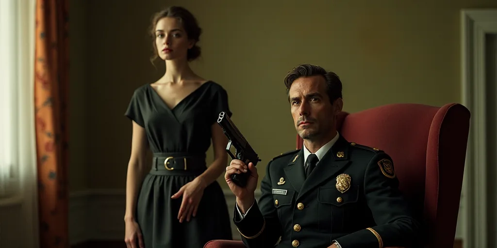 a man in a uniform is sitting in a chair with a gun in his hand and a woman standing behind him, Ame