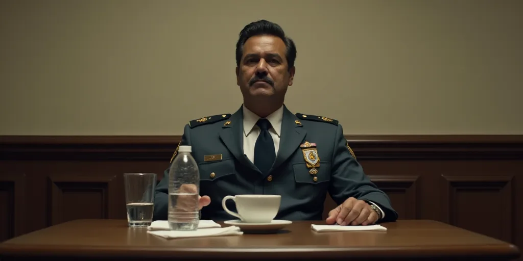 a man in a uniform sitting at a table with a cup of coffee in front of him and a bottle of water in