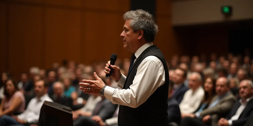 a man in a vest standing in front of a crowd of people in a auditorium with a microphone in his hand