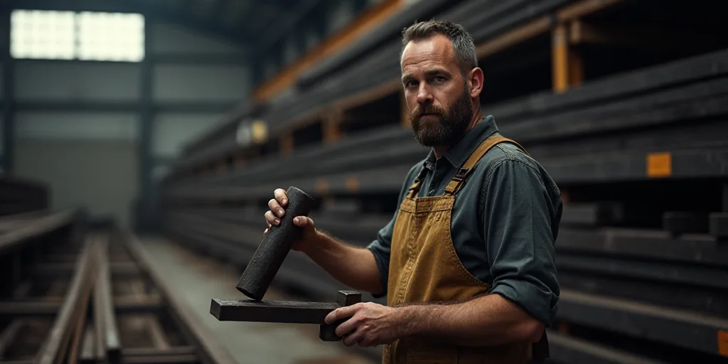 a man in a warehouse holding a piece of metal in his hand and a large amount of steel bars in the ba