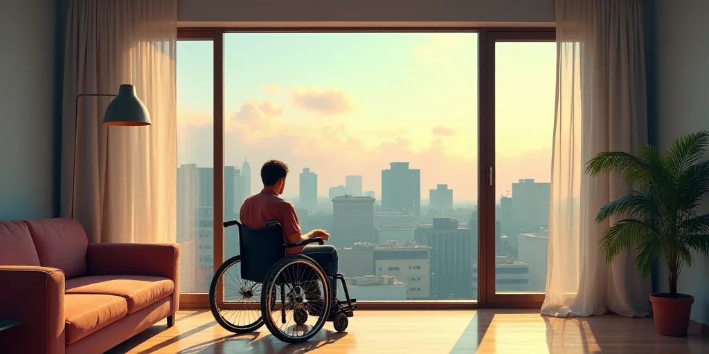 a man in a wheelchair sitting in a living room with a view of the city outside the window and a plan