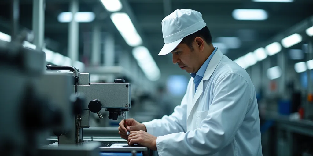 a man in a white lab coat and a white hat is working on a machine in a factory or assembly line, Cao