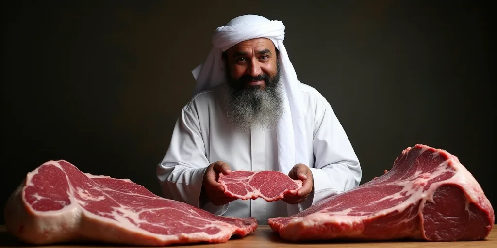 a man in a white robe holding a piece of meat in his hands and standing next to two large pieces of