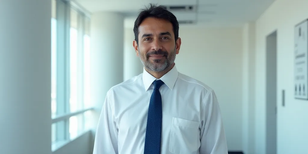 a man in a white shirt and a blue tie and a white wall and a sign with a logo, Carlos Francisco Chan