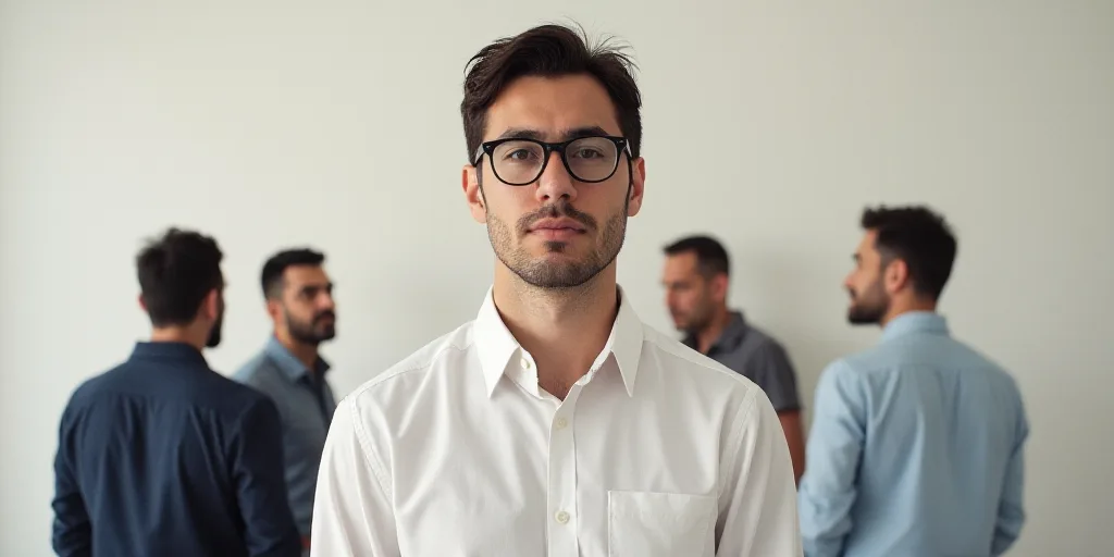 a man in a white shirt and glasses is standing in a room with other men in the background and a whit