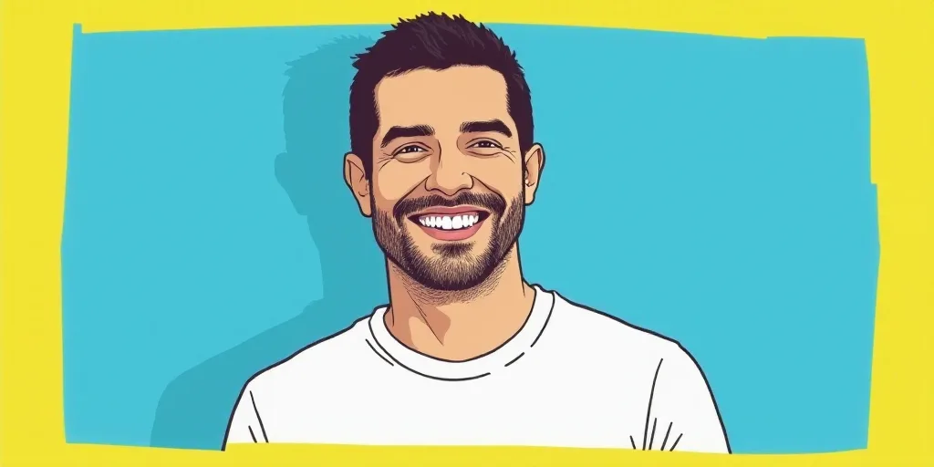 a man in a white shirt is smiling for a picture with a blue background and a yellow border around hi