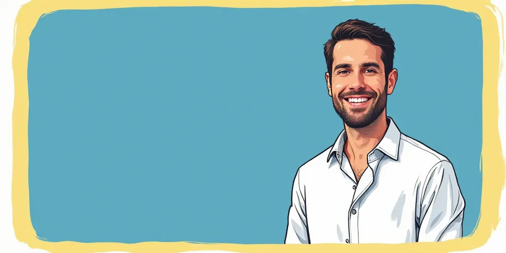 a man in a white shirt is smiling for a picture with a blue background and a yellow border around hi