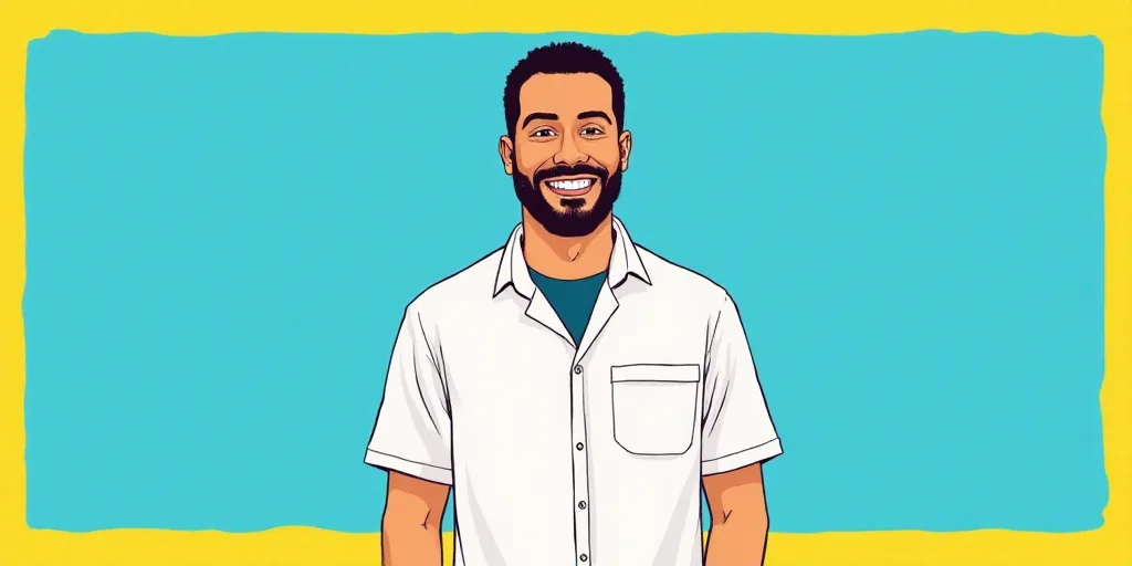 a man in a white shirt is smiling for a picture with a blue background and a yellow border around hi