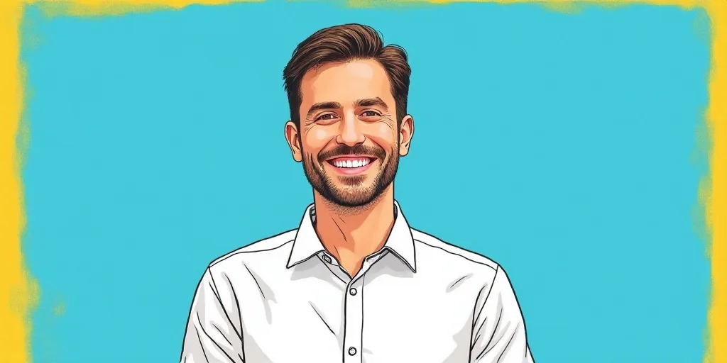 a man in a white shirt is smiling for a picture with a blue background and a yellow border around hi