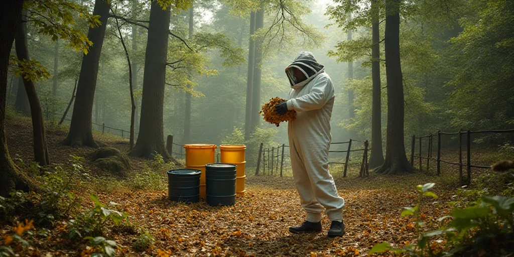 a man in a white suit and some bees in a forest area with trees and a fence and a pile of plastic ba