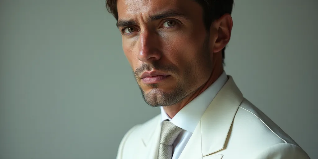 a man in a white suit and tie is looking at the camera with a serious look on his face, Aloysius O'K
