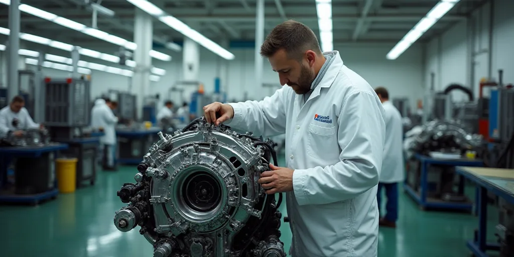a man in a white suit working on a car engine in a factory with other workers nearby and a machine i