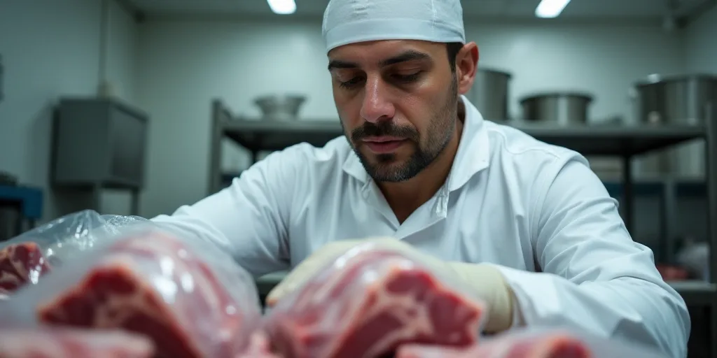 a man in a white uniform and a white hat is working in a meat processing facility with a piece of me