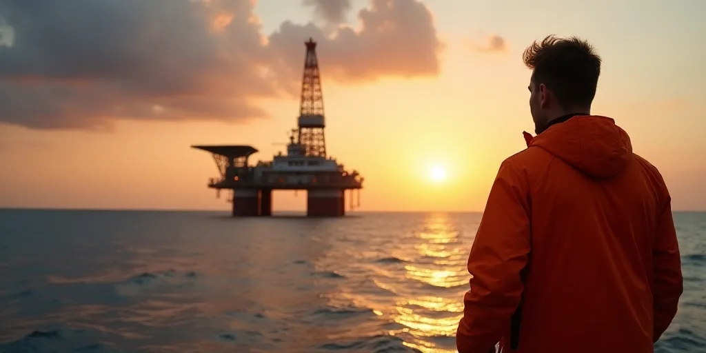 a man in an orange jacket standing on a boat looking at an oil rig in the ocean at sunset, Bascove,