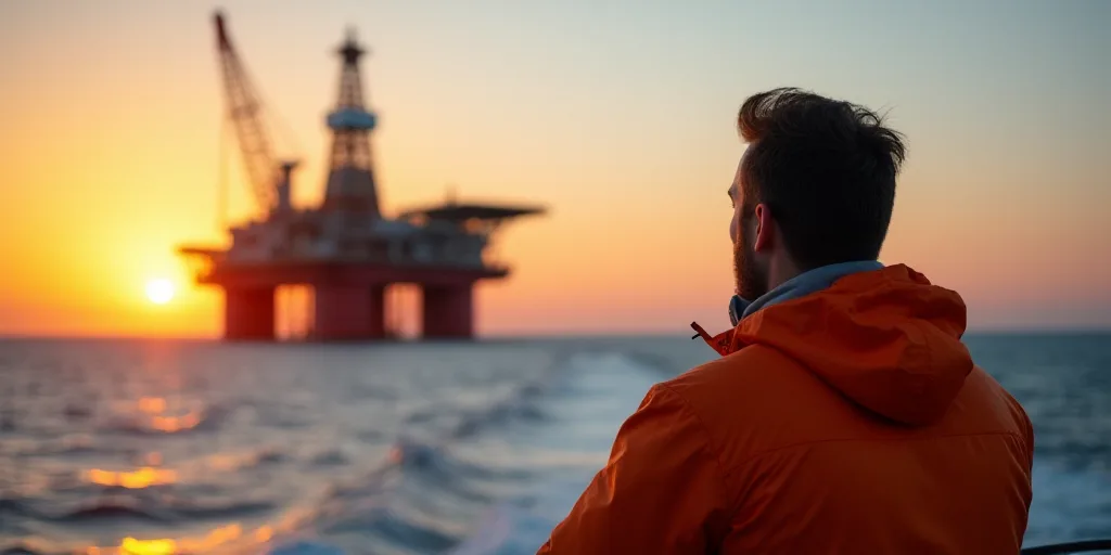 a man in an orange jacket standing on a boat looking at an oil rig in the ocean at sunset, Bascove,