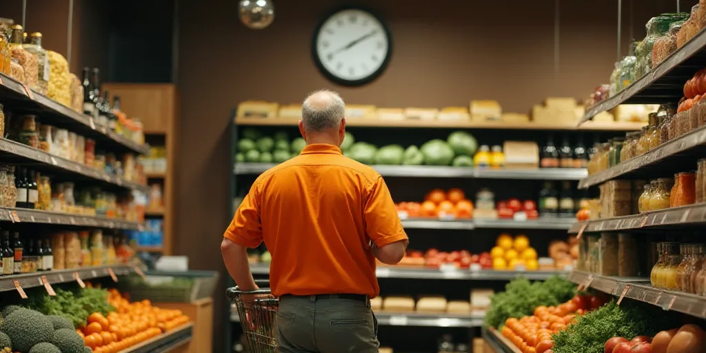 a man in an orange shirt is shopping in a grocery store with a clock on the wall above him, Elbridge