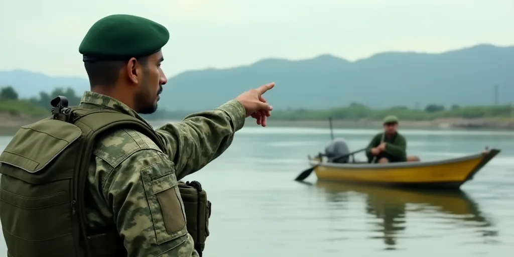 a man in camouflage pointing at a boat in the water with a yellow boat in the background and a man i