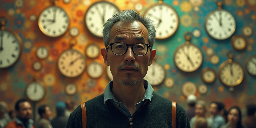 a man in glasses and a sweater standing in front of a collage of clocks and people in the background