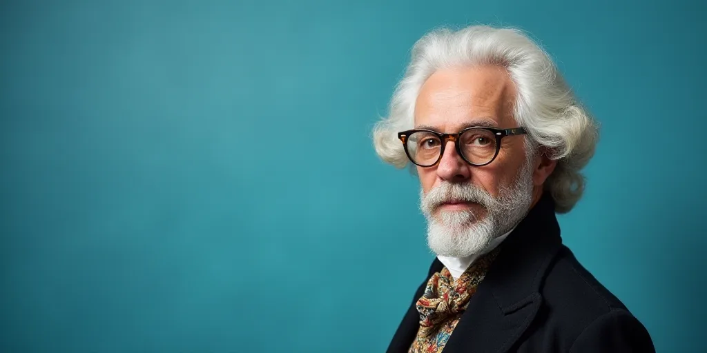 a man in glasses is standing in front of a blue background with a black and white photo of him, Edwa