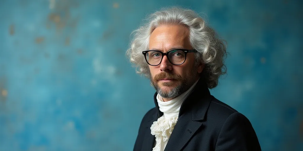 a man in glasses is standing in front of a blue background with a black and white photo of him, Edwa