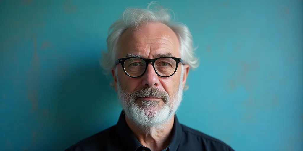 a man in glasses is standing in front of a blue background with a black and white photo of him, Edwa