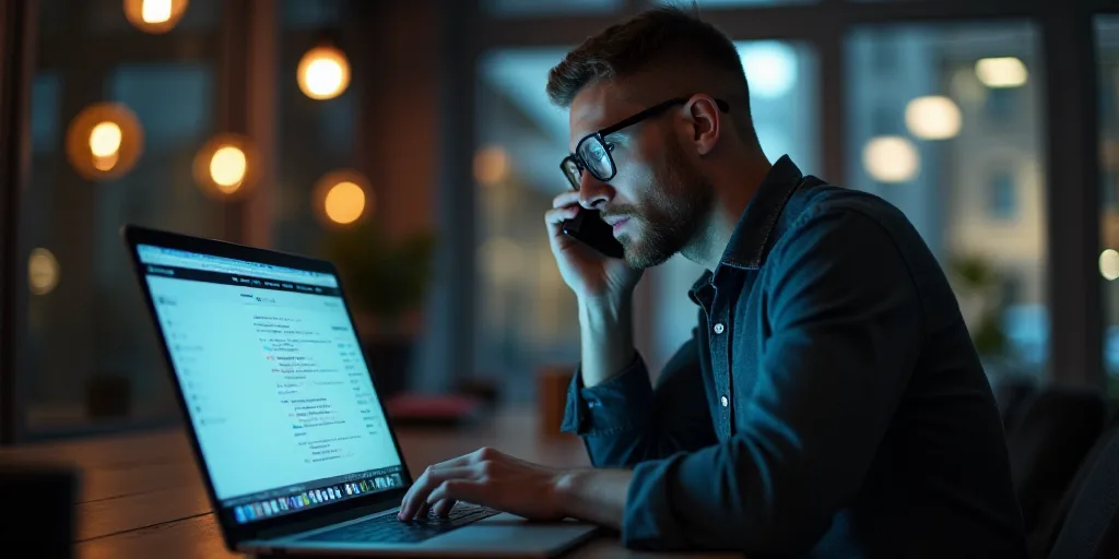 a man in glasses is using a laptop computer and talking on the phone while holding a cell phone to h