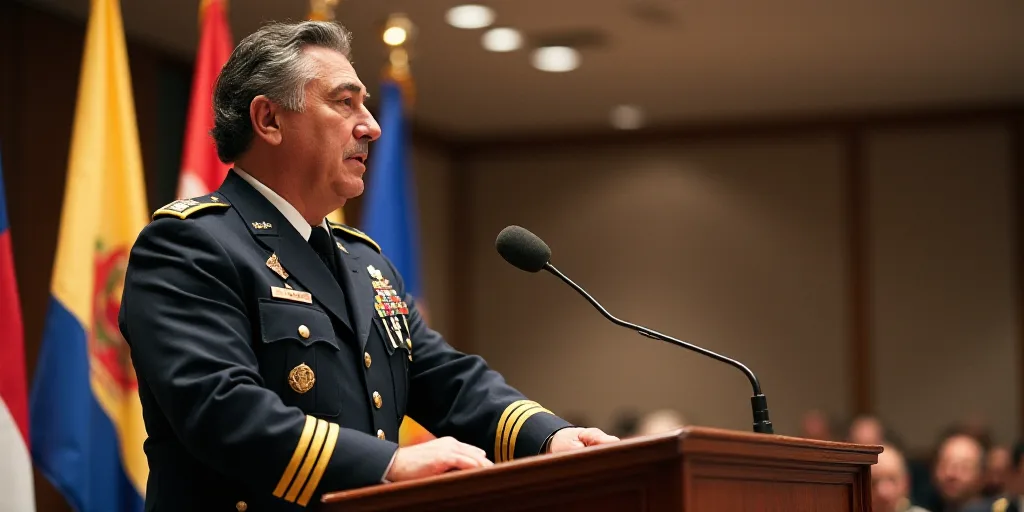 a man in uniform standing at a podium in front of flags and banners in a conference room with a micr