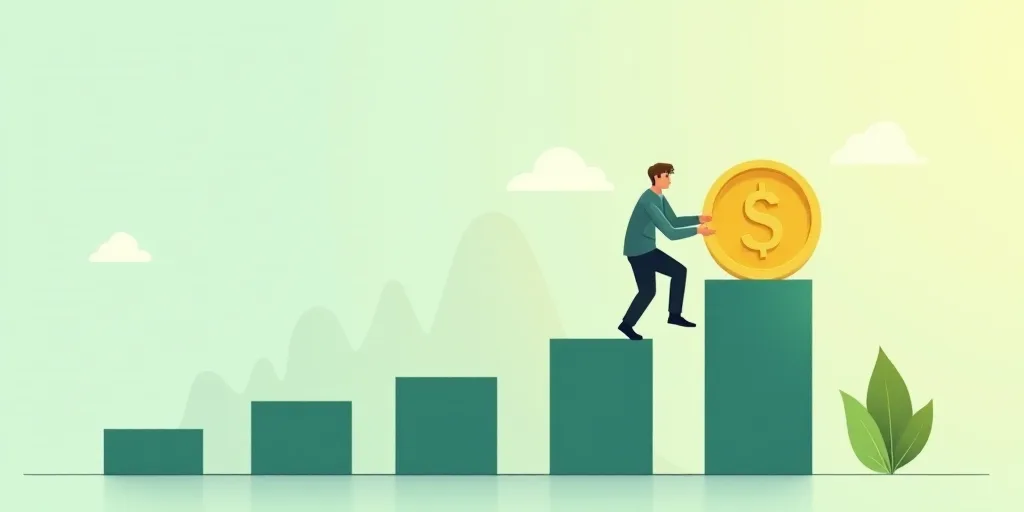 a man is climbing a growing bar with a gold coin in his hand and a dollar sign on top of it, Andries