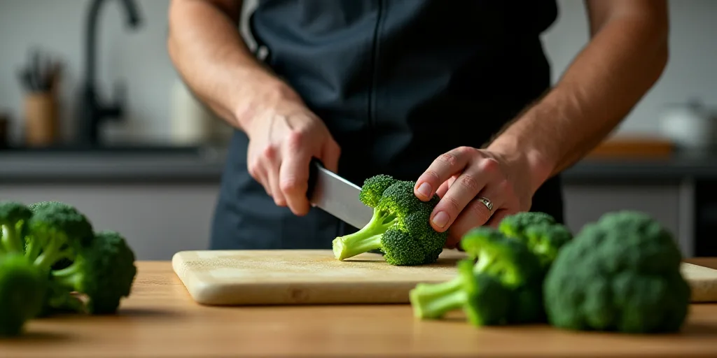 a man is cutting a piece of broccoli on a cutting board in a kitchen area with a sink, Arthur Sarkis