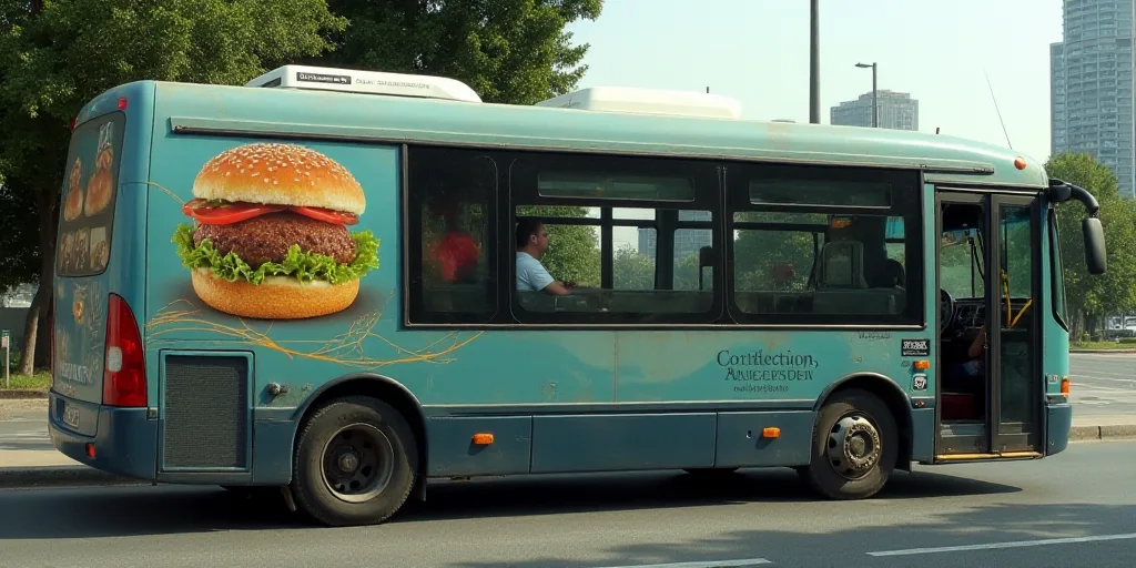 a man is driving a bus with a billboard on it's side and a sandwich advertisement on the side of the
