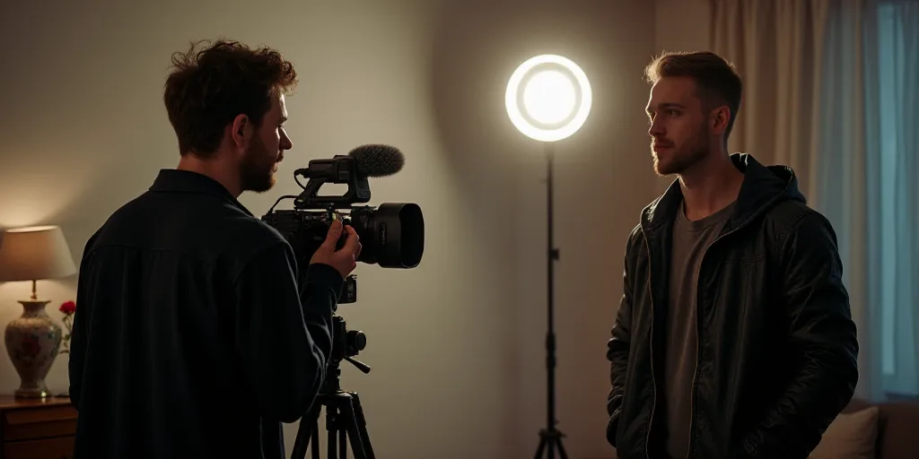 a man is filming another man in a room with a camera and a video camera on a tripod, Avgust Černigo