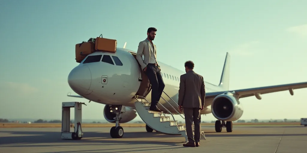 a man is getting off of a plane with luggage on the back of it and another man is standing on the st