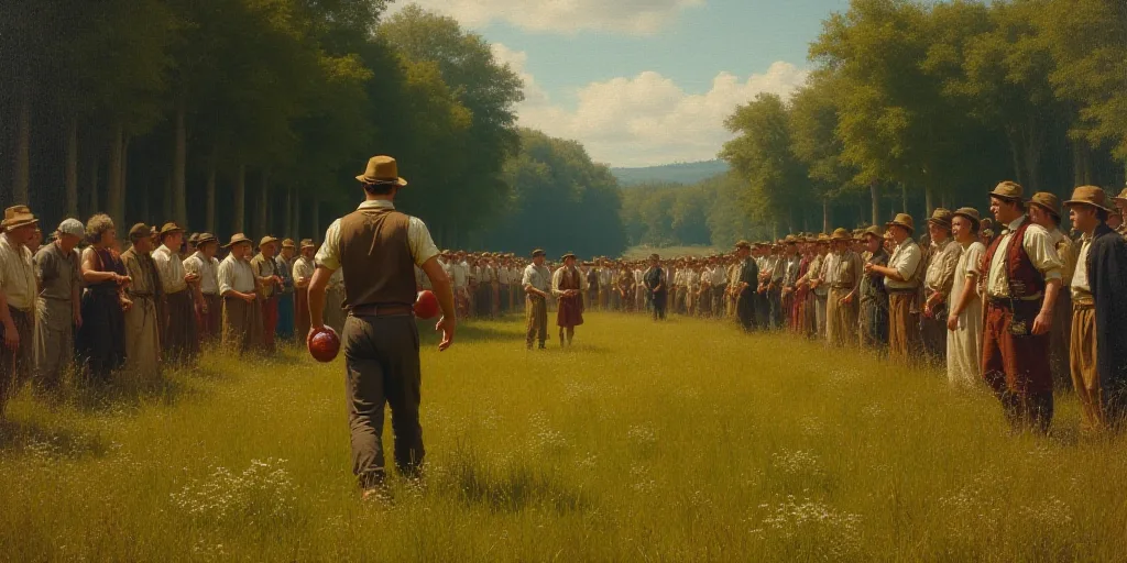 a man is holding a ball in front of a crowd of people in a field of grass and trees, Carlos Catasse,