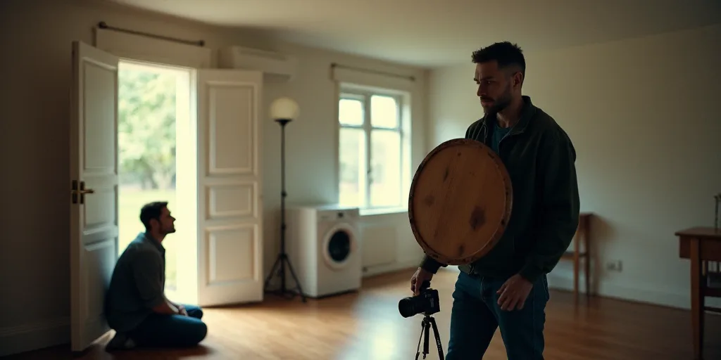 a man is holding a camera and a shield over a house with a washing machine in the background and a m