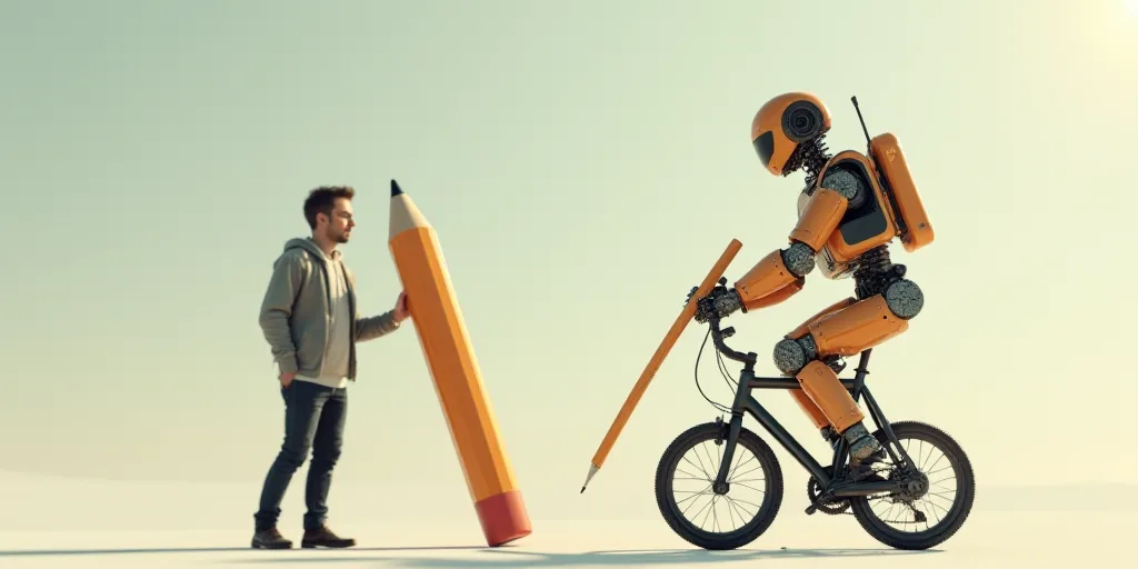 a man is holding a giant pencil and a robot is standing on a bike with a pencil in his hand, Andries