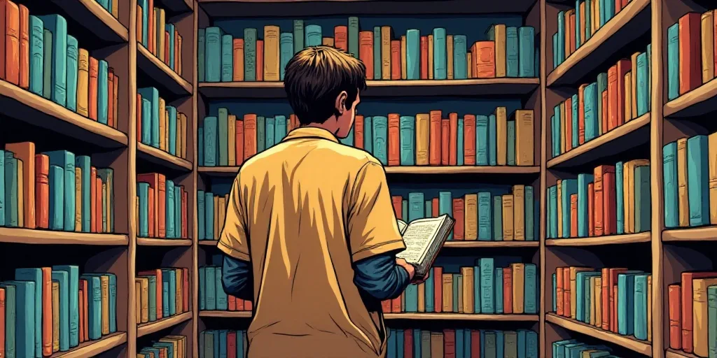 a man is looking at a book in a bookstore store with a wall of books behind him and a wall of books