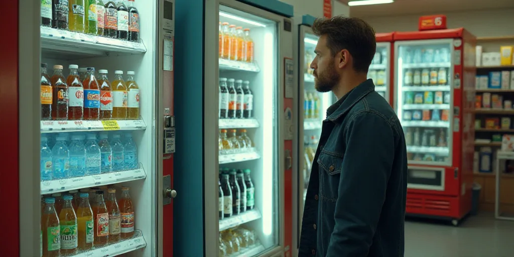 a man is looking at a vending machine in a store with sodas and water bottles in it, Ceferí Olivé,