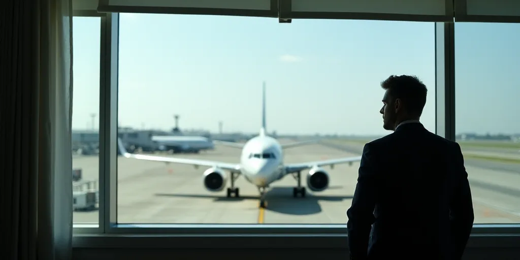 a man is looking out of a window at a plane that is parked on the runway of an airport, Felix-Kelly,