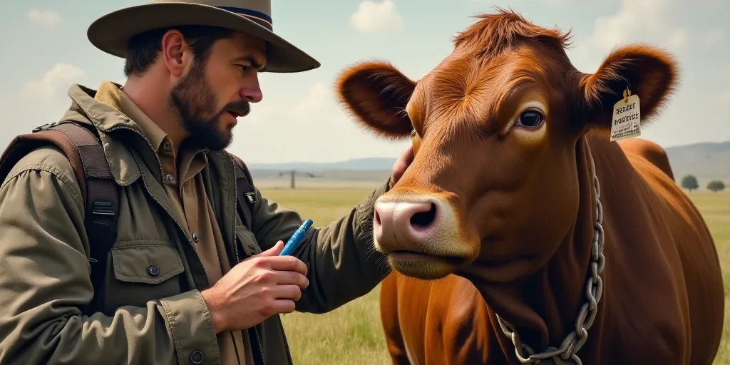 a man is petting a cow with a tag on it's ear and nose, while another man holds a marker, Bedwyr Wil