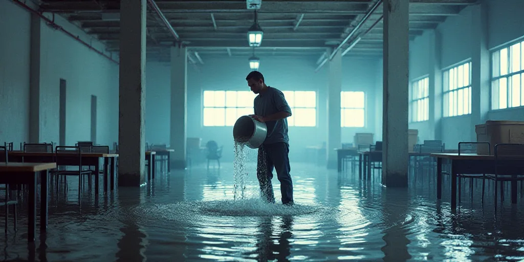 a man is pouring water into a flooded area with tables and chairs in the background and a blue and w