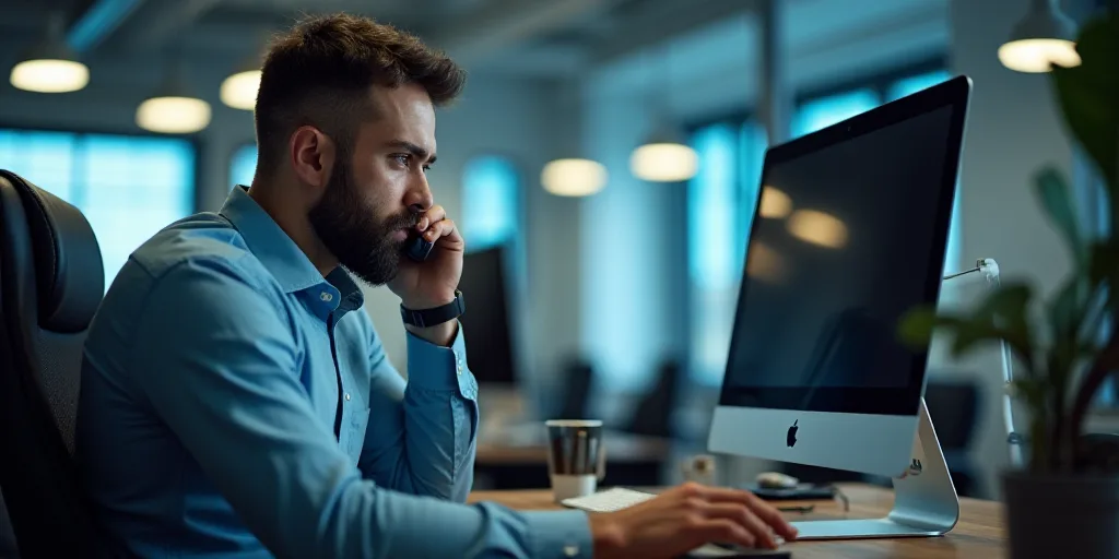 a man is sitting at a desk with a phone in his hand and a computer on his desk in front of him, Dahl
