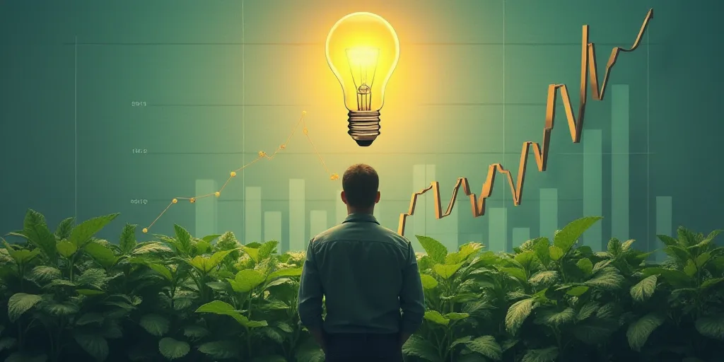 a man is standing in front of a plant with a light bulb above it and a chart on the bottom of the ch