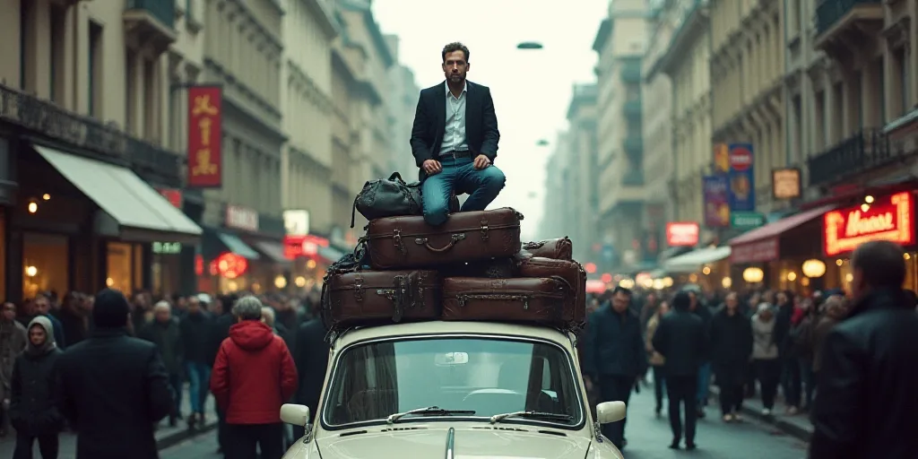 a man is standing on top of a car with a pile of luggage on top of it in a crowded street, Denis Ede