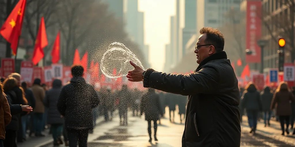 a man is throwing water at a protester with a sign in the street while a crowd watches him, Ding Yun