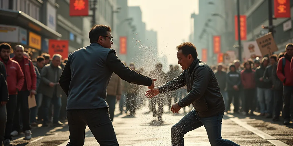 a man is throwing water at a protester with a sign in the street while a crowd watches him, Ding Yun