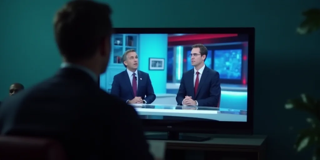 a man is watching a television screen with a news anchor on it and another man is watching a news an