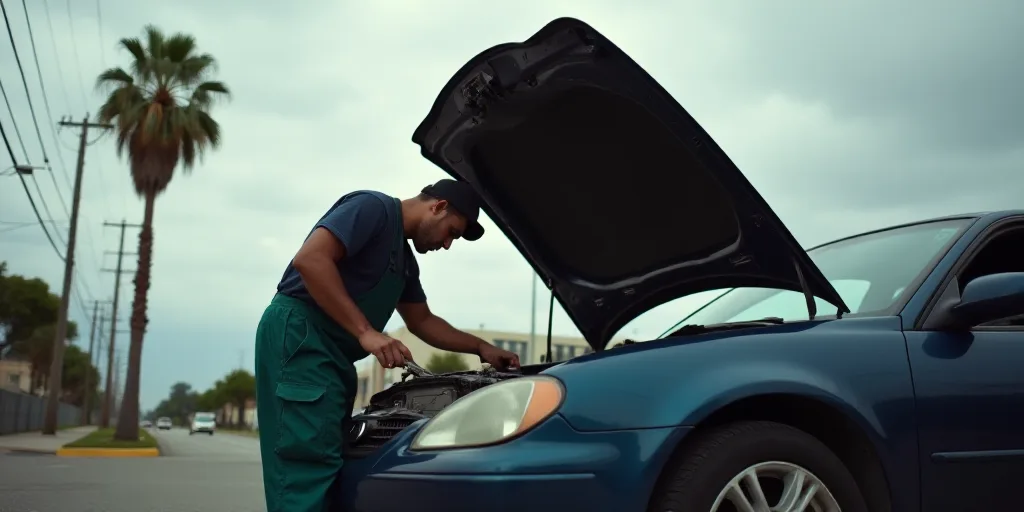 a man is working on a car engine in the street with a cloudy sky in the background and a palm tree i