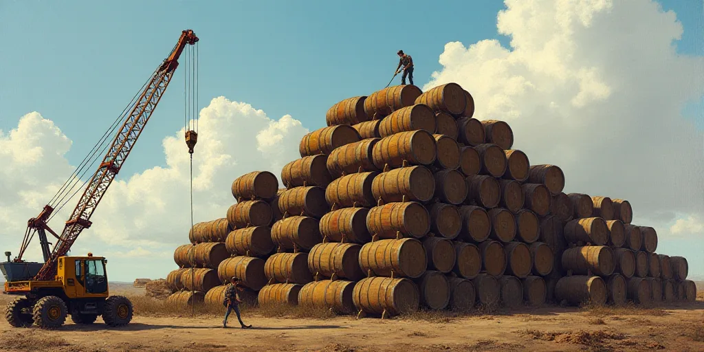 a man is working on a large stack of barrels on a crane in the sky above a large pile of barrels, An