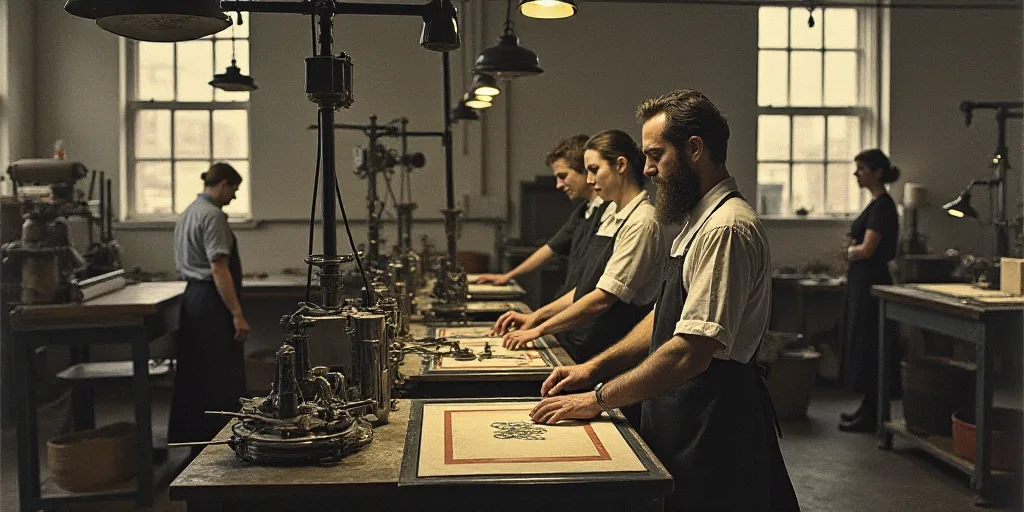 a man is working on a machine in a factory with other people behind him and a woman standing behind