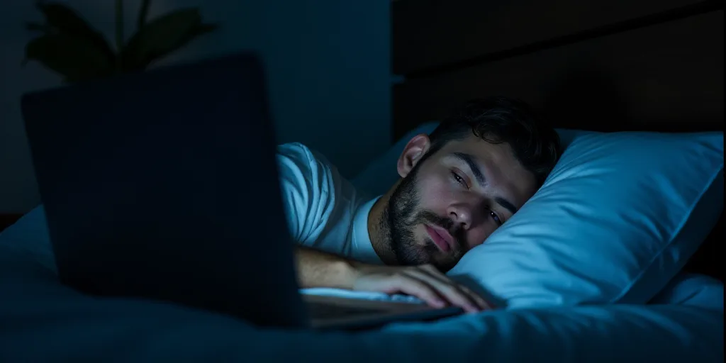 a man laying in bed with his head on a pillow looking at a laptop computer screen at night time, Ben
